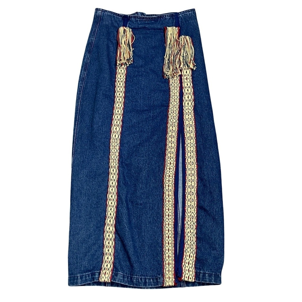 The Limited Women‎ Blue Denim Maxi Skirt 8 Boho Woven Trim Tassel Slit Vintage